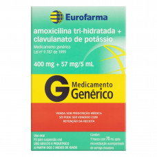 Amoxicilina + Clavulanato de Potássio 400+57mg Suspensão 70ml Eurofarma